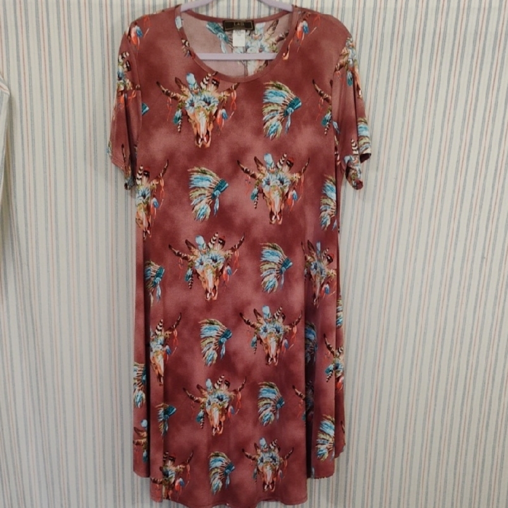 L&B Tribal Print Dress With Feather Motif  L